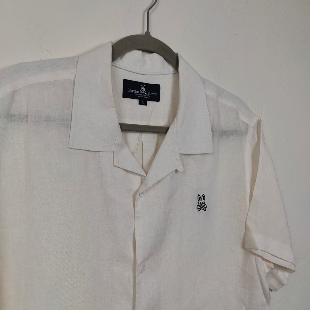 Psycho Bunny Shirt Mens Large White Linen Camp Collar Short Sleeve Resort - Picture 5 of 10